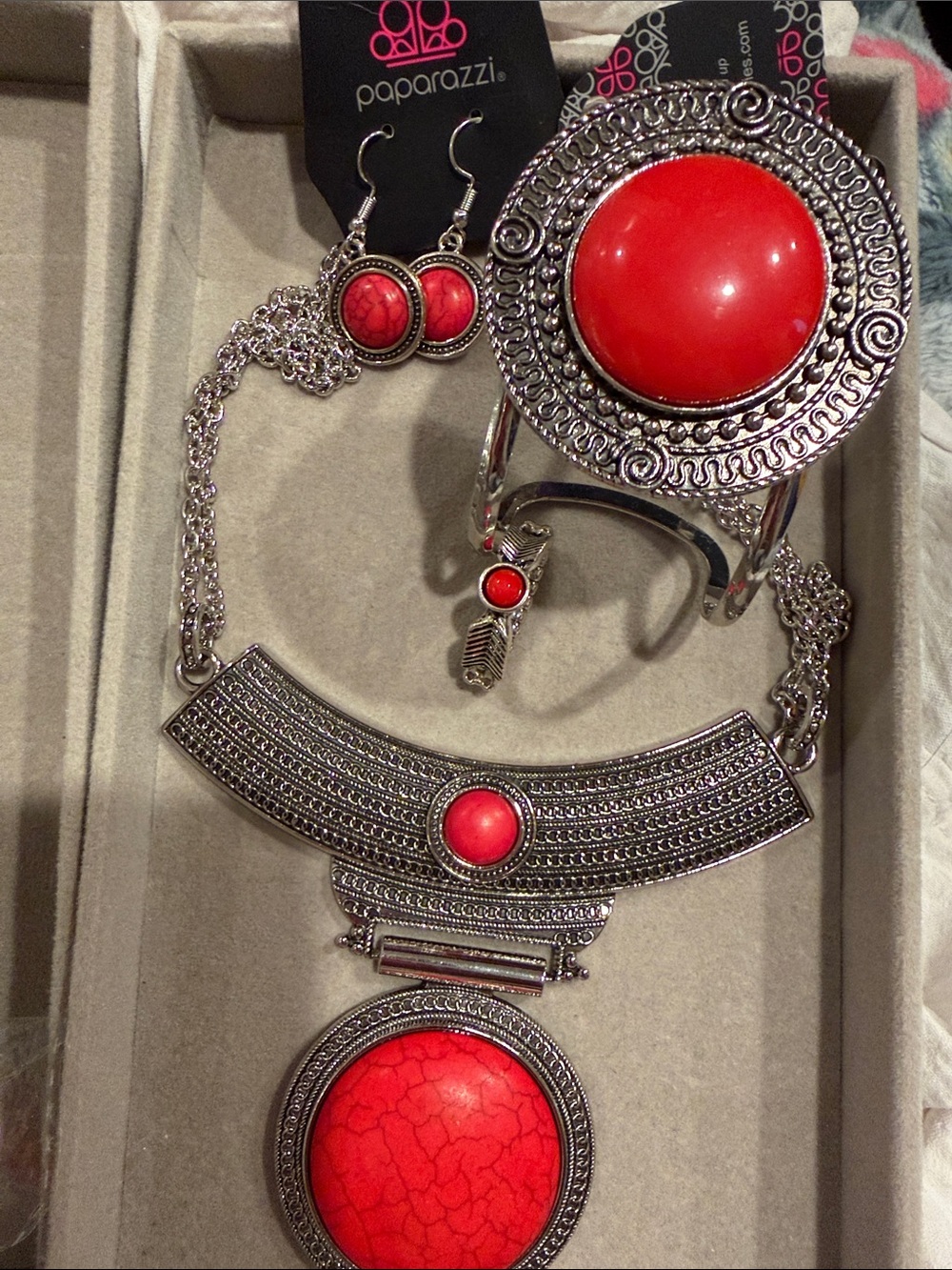 paparazzi Bold Red Cabochon Silver-Tone Necklace, Bracelet and Earrings Set